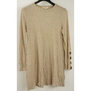 New Threads & States Women's XL Oatmeal Button Sleeve Rib Knit Crew Mini Dress